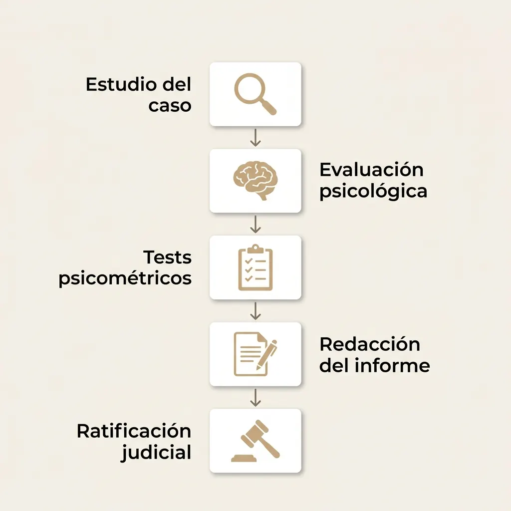 Infografía del proceso de elaboración de un informe pericial psicológico: estudio del caso, evaluación psicológica, tests psicométricos, redacción del informe y ratificación judicial
